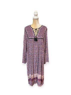 NEW Nightcap Clothing Printed Midi Dress Size L Large (4) Purple Tie Neck